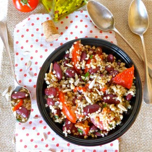 Salade américaine aux haricots rouges, quinoa, tomates fraîches et sèches, graines de tournesol