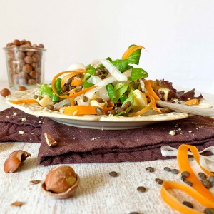Salade de lentilles vertes, mesclun, tagliatelles de carotte et de radis noir, noisette et Tomme de brebis